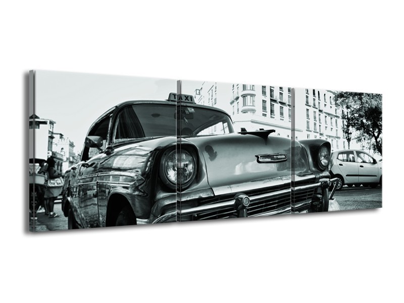 Glasschilderij Auto, Oldtimer | Grijs, Groen, Wit | 150x50cm 3Luik