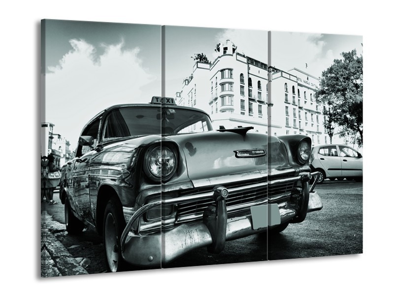 Canvas Schilderij Auto, Oldtimer | Grijs, Groen, Wit | 60x90cm 3Luik