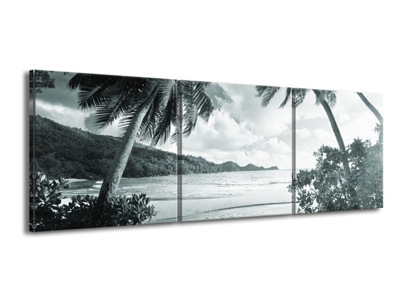 Canvas Schilderij Zee, Strand | Grijs, Groen | 150x50cm 3Luik