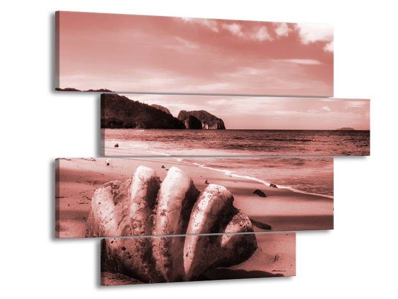 Canvas Schilderij Schelp, Strand | Bruin, Rood | 115x85cm 4Luik