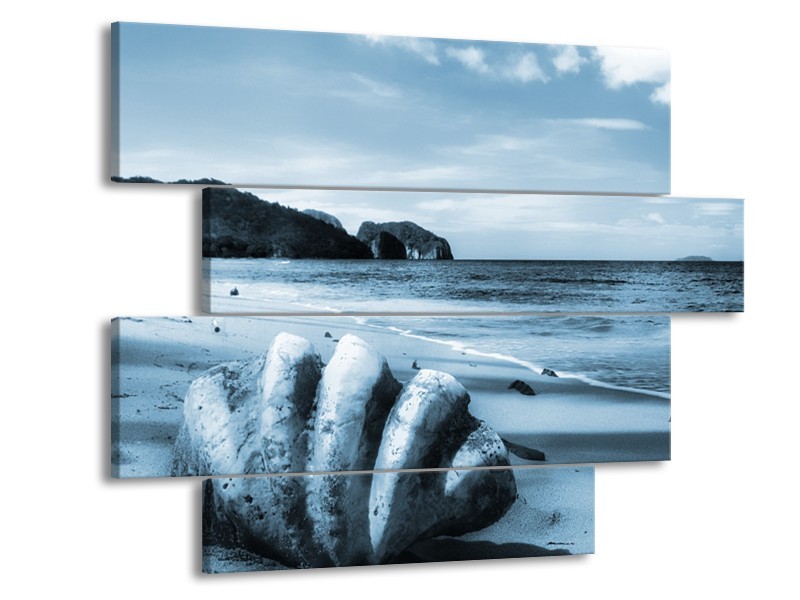 Canvas Schilderij Schelp, Strand | Blauw | 115x85cm 4Luik