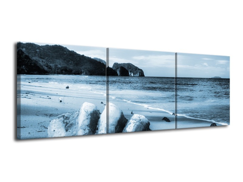 Canvas Schilderij Schelp, Strand | Blauw | 120x40cm 3Luik