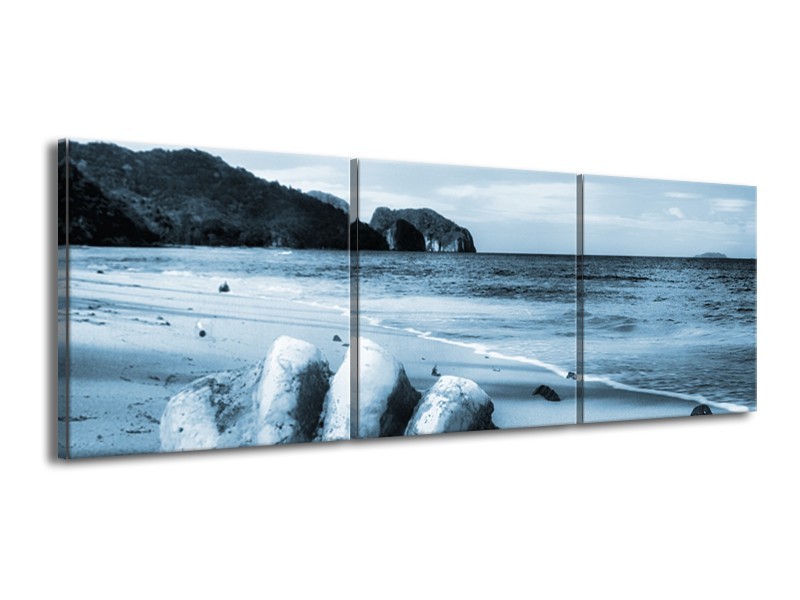 Canvas Schilderij Schelp, Strand | Blauw | 150x50cm 3Luik