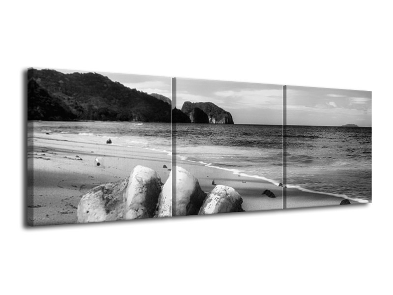 Canvas Schilderij Schelp, Strand | Zwart, Grijs | 120x40cm 3Luik