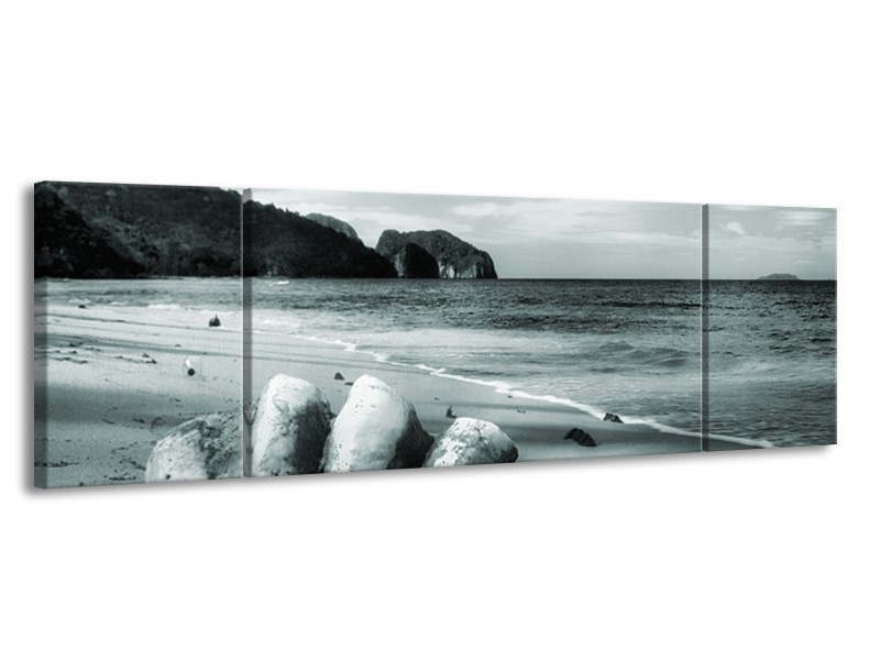 Canvas Schilderij Schelp, Strand | Grijs, Groen | 170x50cm 3Luik