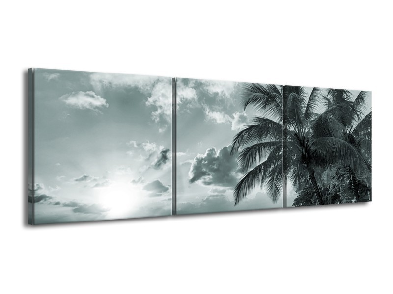 Glasschilderij Zee, Strand | Grijs, Zwart, Groen | 150x50cm 3Luik