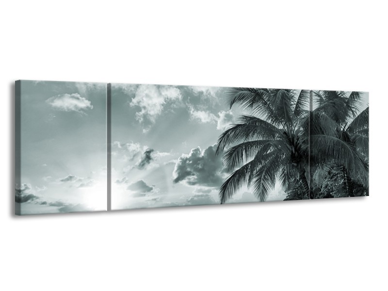 Canvas Schilderij Zee, Strand | Grijs, Zwart, Groen | 170x50cm 3Luik