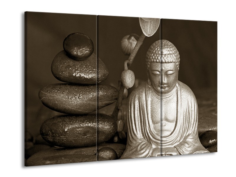 Canvas Schilderij Boeddha, Stenen | Sepia, Bruin | 60x90cm 3Luik
