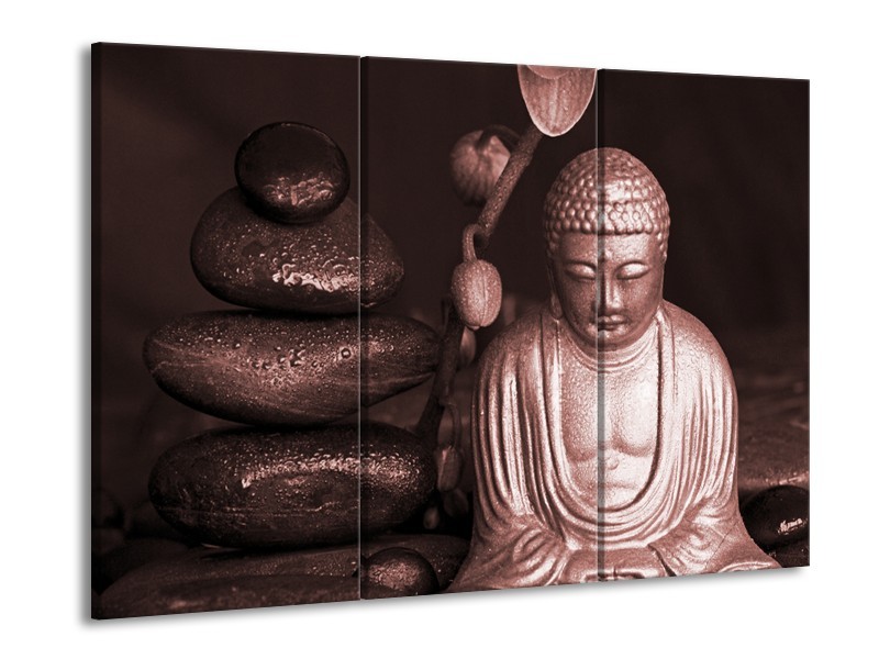 Canvas Schilderij Boeddha, Stenen | Bruin, Rood, Zwart | 60x90cm 3Luik