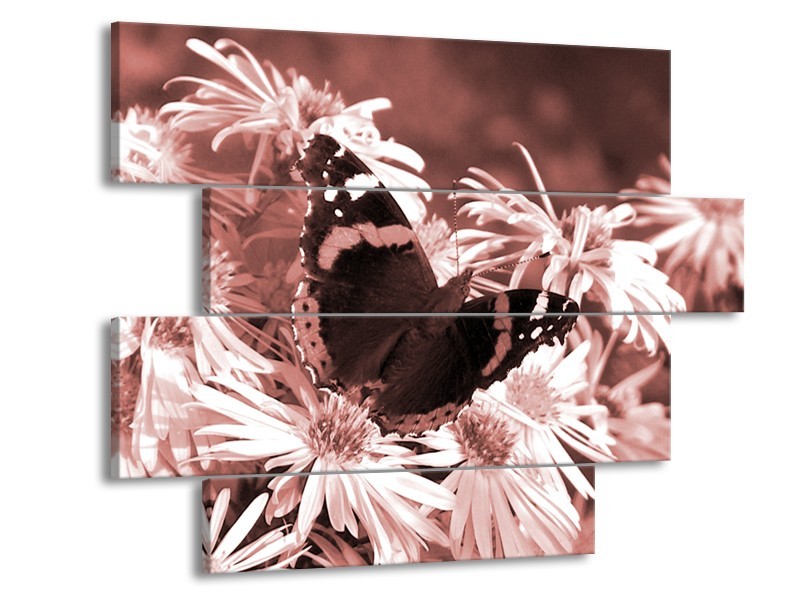 Glasschilderij Bloemen, Vlinder | Bruin, Rood, Zwart | 115x85cm 4Luik