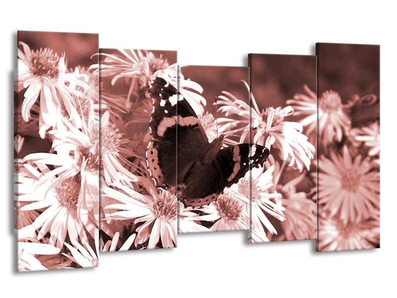 Canvas Schilderij Bloemen, Vlinder | Bruin, Rood, Zwart | 150x80cm 5Luik