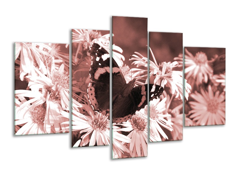 Canvas Schilderij Bloemen, Vlinder | Bruin, Rood, Zwart | 170x100cm 5Luik