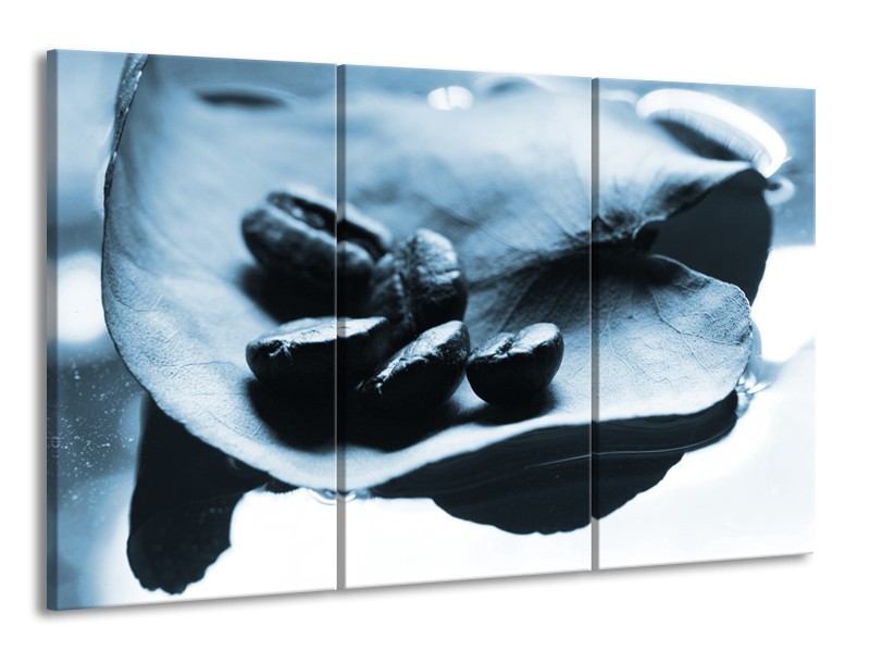 Canvas Schilderij Koffiebonen, Keuken | Blauw, Wit | 165x100cm 3Luik