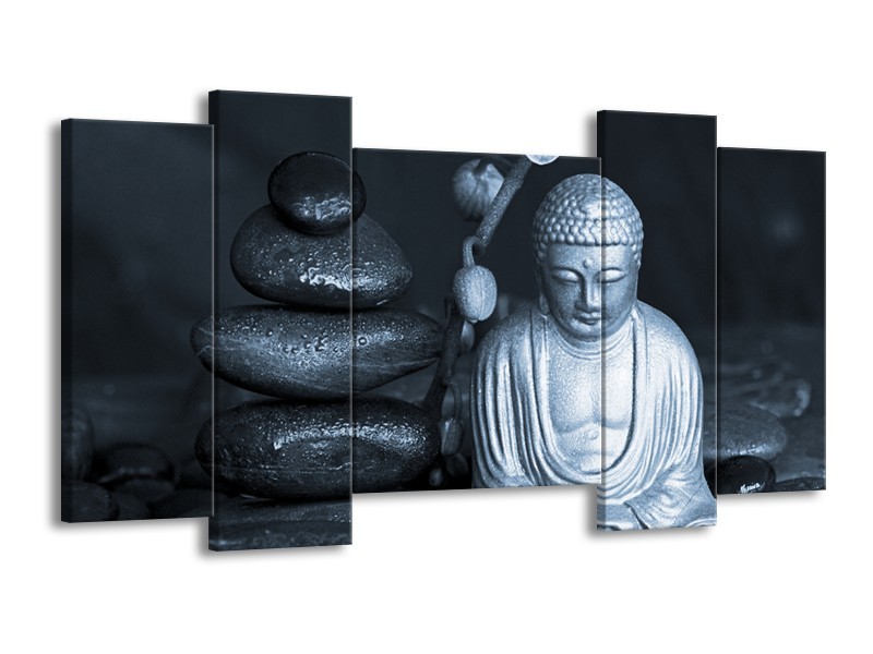 Canvas Schilderij Boeddha, Stenen | Blauw, Grijs, Zwart | 120x65cm 5Luik