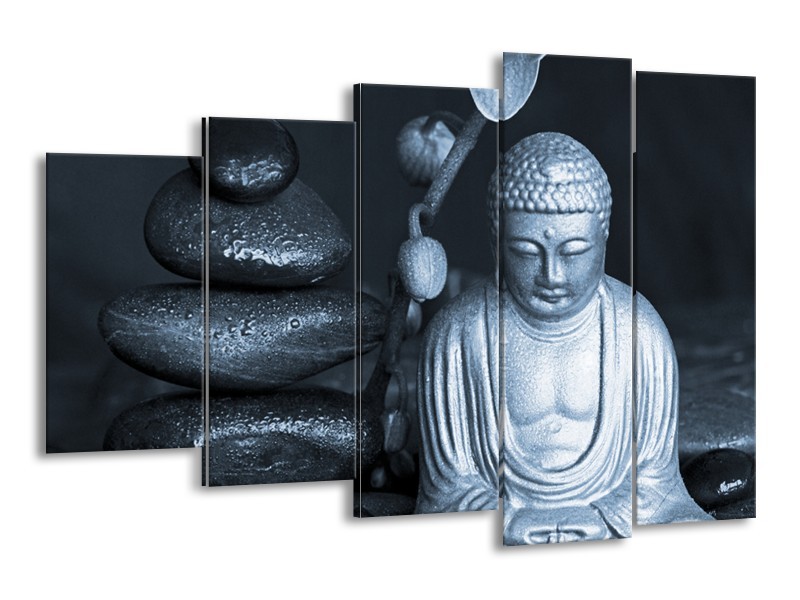 Canvas Schilderij Boeddha, Stenen | Blauw, Grijs, Zwart | 150x100cm 5Luik