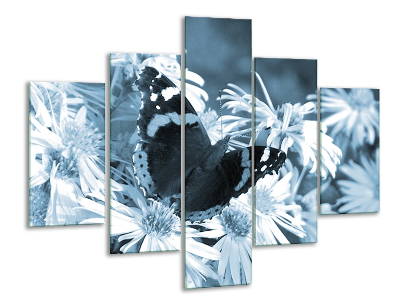 Glasschilderij Bloemen, Vlinder | Blauw, Grijs, Zwart | 100x70cm 5Luik