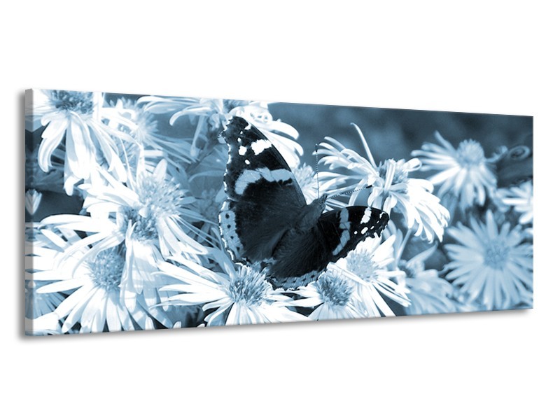 Canvas Schilderij Bloemen, Vlinder | Blauw, Grijs, Zwart | 145x58cm 1Luik