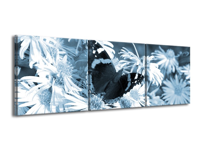 Canvas Schilderij Bloemen, Vlinder | Blauw, Grijs, Zwart | 150x50cm 3Luik