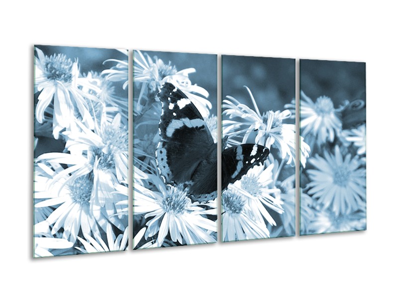 Glasschilderij Bloemen, Vlinder | Blauw, Grijs, Zwart | 160x80cm 4Luik