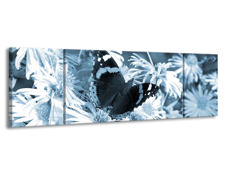 Canvas Schilderij Bloemen, Vlinder | Blauw, Grijs, Zwart | 170x50cm 3Luik