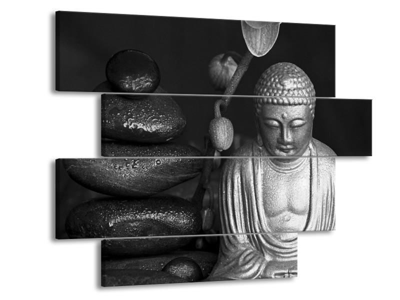 Canvas Schilderij Boeddha, Stenen | Zwart, Wit, Grijs | 115x85cm 4Luik