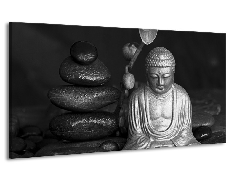 Canvas Schilderij Boeddha, Stenen | Zwart, Wit, Grijs | 170x90cm 1Luik