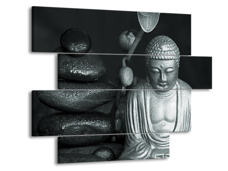 Glasschilderij Boeddha, Stenen | Grijs, Groen, Zwart | 115x85cm 4Luik