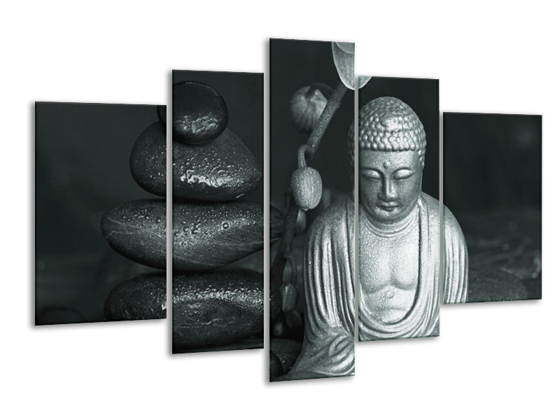 Canvas Schilderij Boeddha, Stenen | Grijs, Groen, Zwart | 170x100cm 5Luik