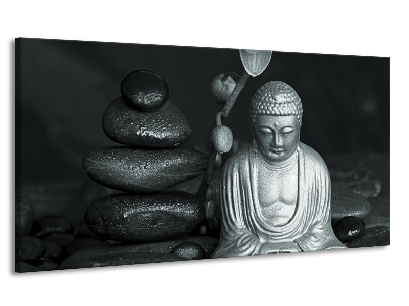 Canvas Schilderij Boeddha, Stenen | Grijs, Groen, Zwart | 170x90cm 1Luik