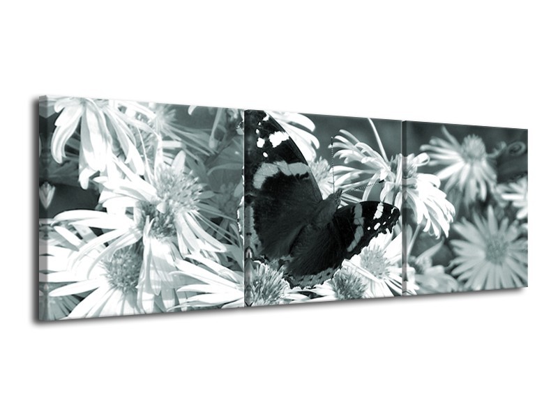 Canvas Schilderij Bloemen, Vlinder | Grijs, Groen, Zwart | 120x40cm 3Luik