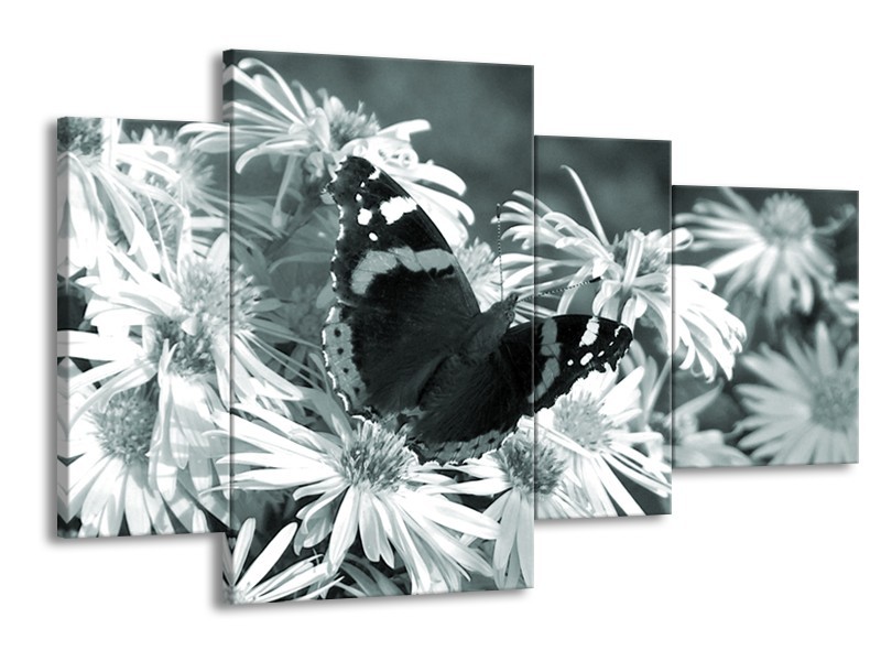 Canvas Schilderij Bloemen, Vlinder | Grijs, Groen, Zwart | 120x75cm 4Luik