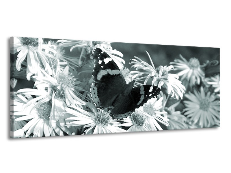 Canvas Schilderij Bloemen, Vlinder | Grijs, Groen, Zwart | 145x58cm 1Luik