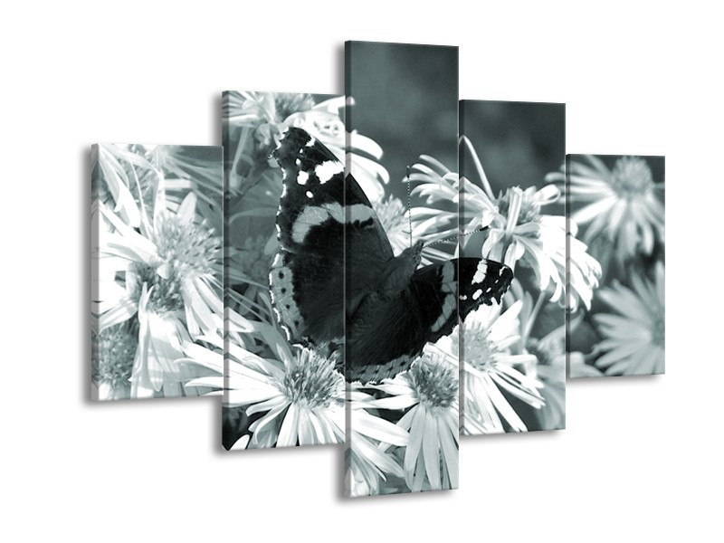 Canvas Schilderij Bloemen, Vlinder | Grijs, Groen, Zwart | 150x105cm 5Luik
