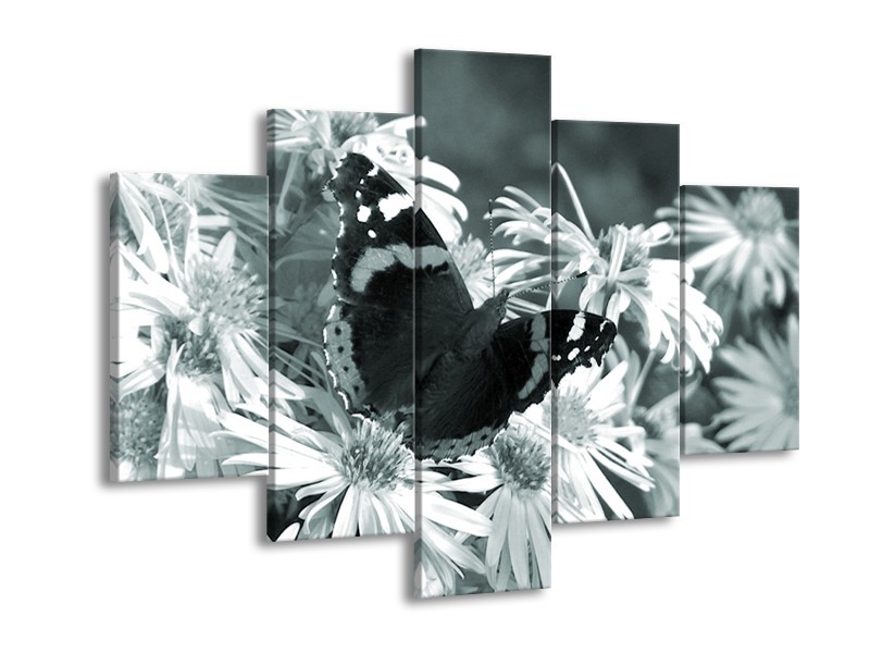 Canvas Schilderij Bloemen, Vlinder | Grijs, Groen, Zwart | 150x105cm 5Luik
