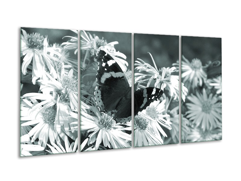 Canvas Schilderij Bloemen, Vlinder | Grijs, Groen, Zwart | 160x80cm 4Luik