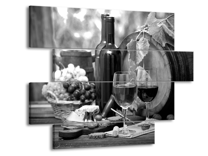 Canvas Schilderij Wijn, Keuken | Zwart, Wit, Grijs | 115x85cm 4Luik