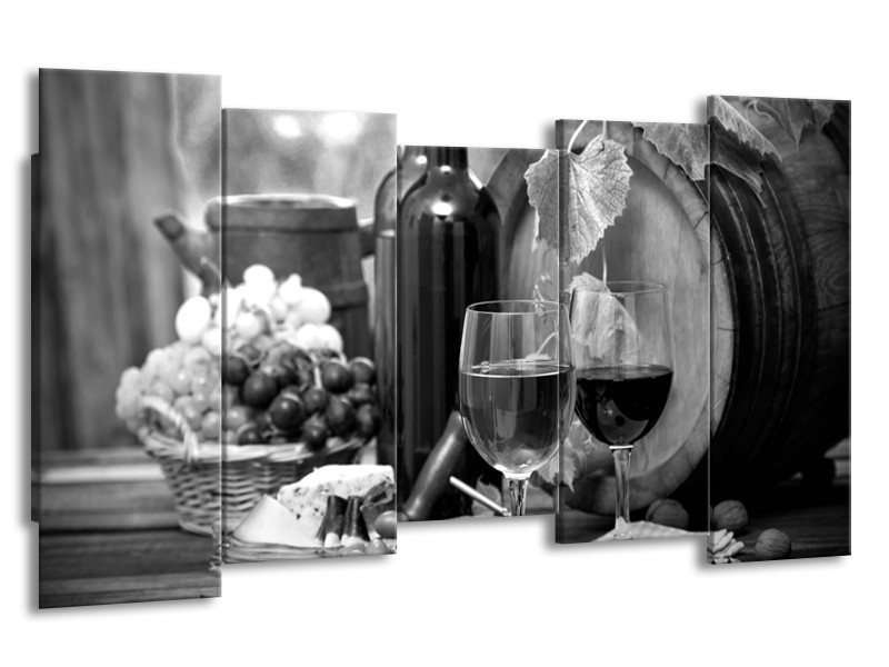 Canvas Schilderij Wijn, Keuken | Zwart, Wit, Grijs | 150x80cm 5Luik