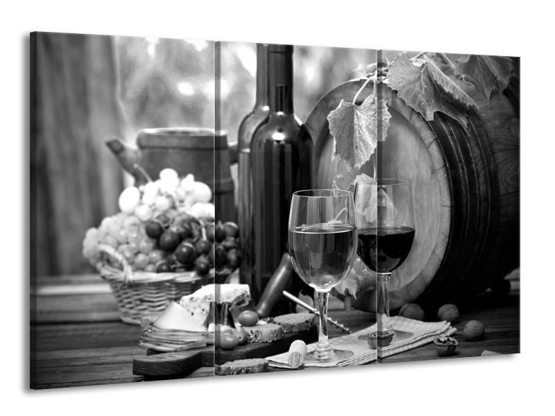 Glasschilderij Wijn, Keuken | Zwart, Wit, Grijs | 165x100cm 3Luik