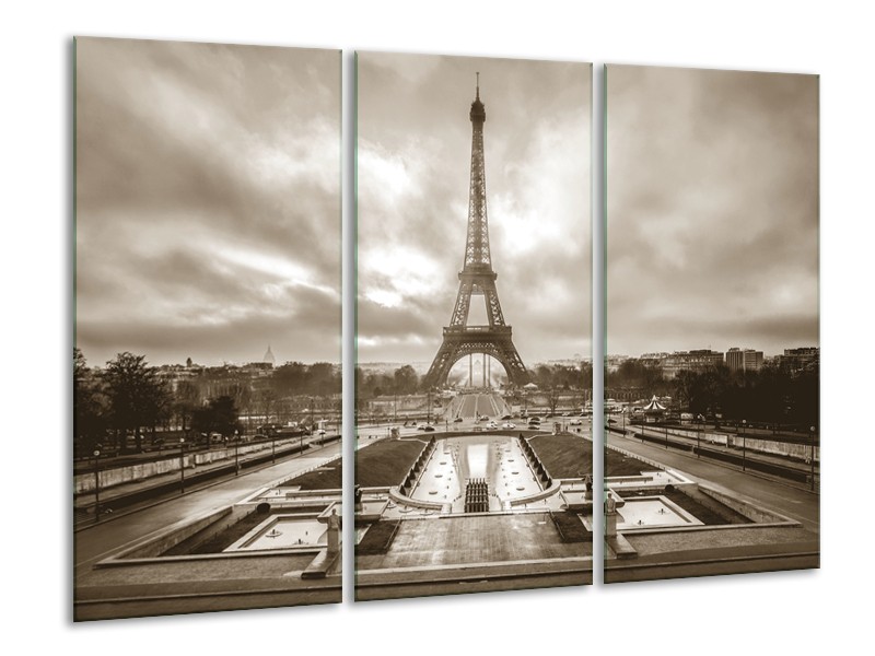 Glasschilderij Parijs, Eiffeltoren | Sepia | 120x80cm 3Luik