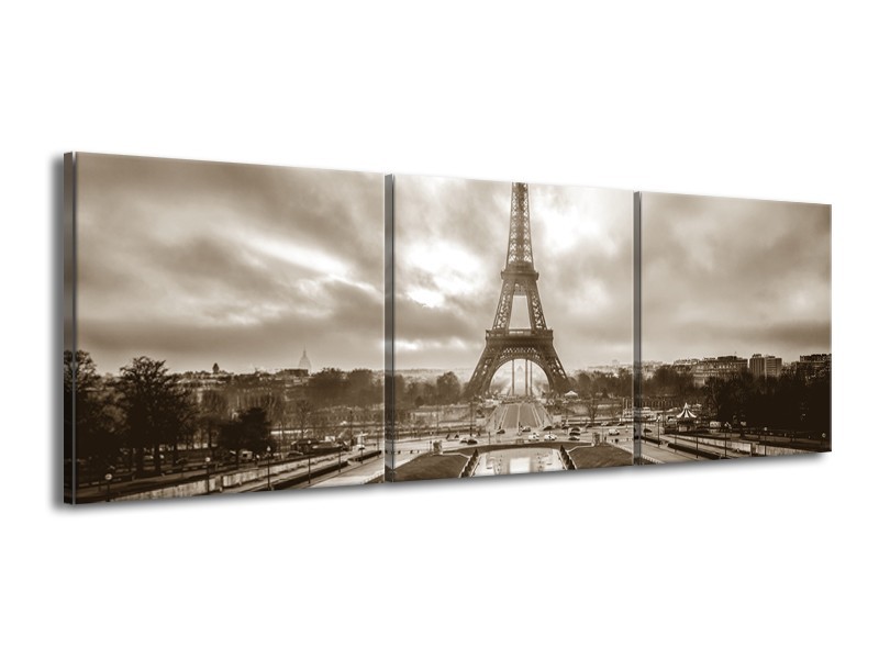 Canvas Schilderij Parijs, Eiffeltoren | Sepia | 150x50cm 3Luik