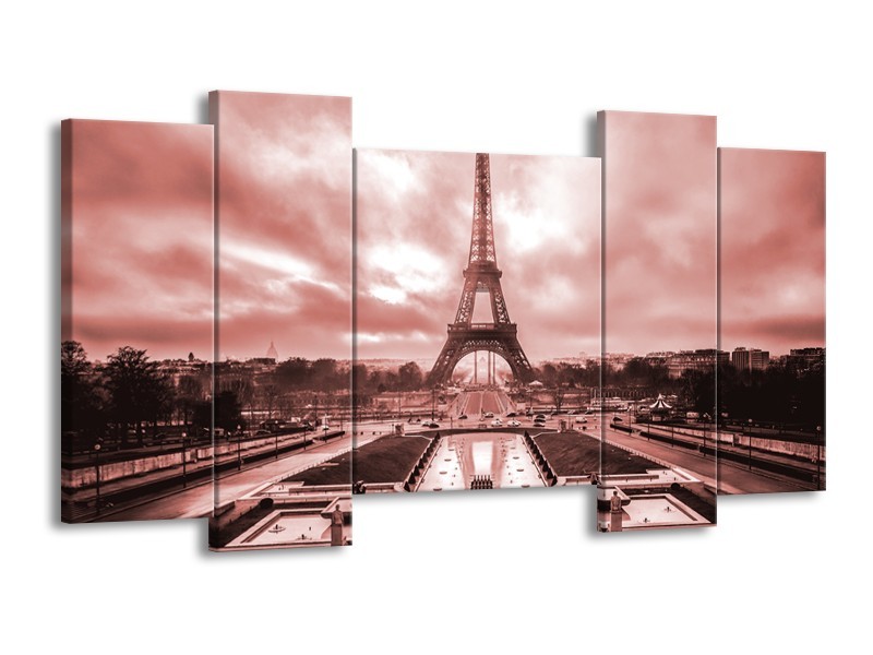 Canvas Schilderij Parijs, Eiffeltoren | Bruin, Rood | 120x65cm 5Luik