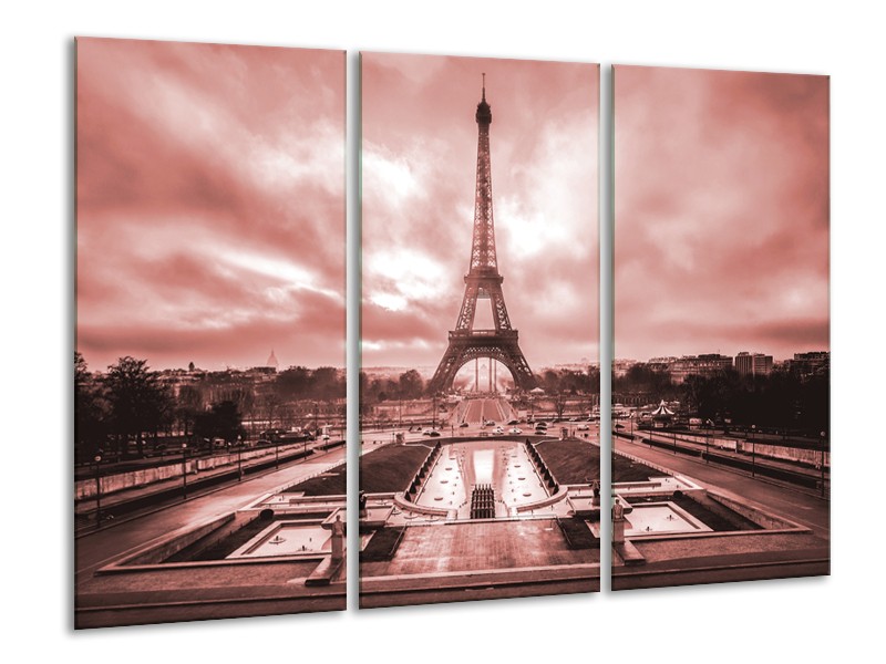 Canvas Schilderij Parijs, Eiffeltoren | Bruin, Rood | 120x80cm 3Luik
