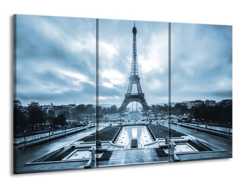 Canvas Schilderij Parijs, Eiffeltoren | Blauw, Grijs | 165x100cm 3Luik