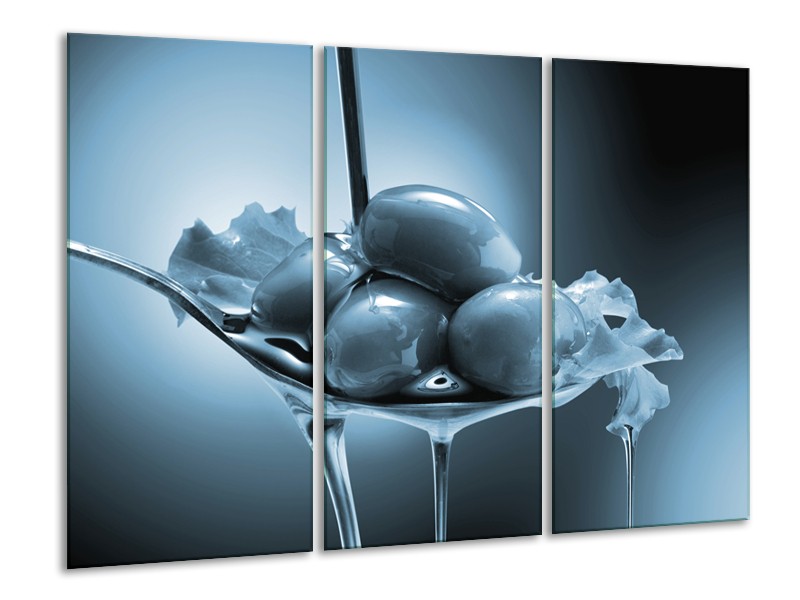 Glasschilderij Olijven, Keuken | Blauw, Grijs | 120x80cm 3Luik