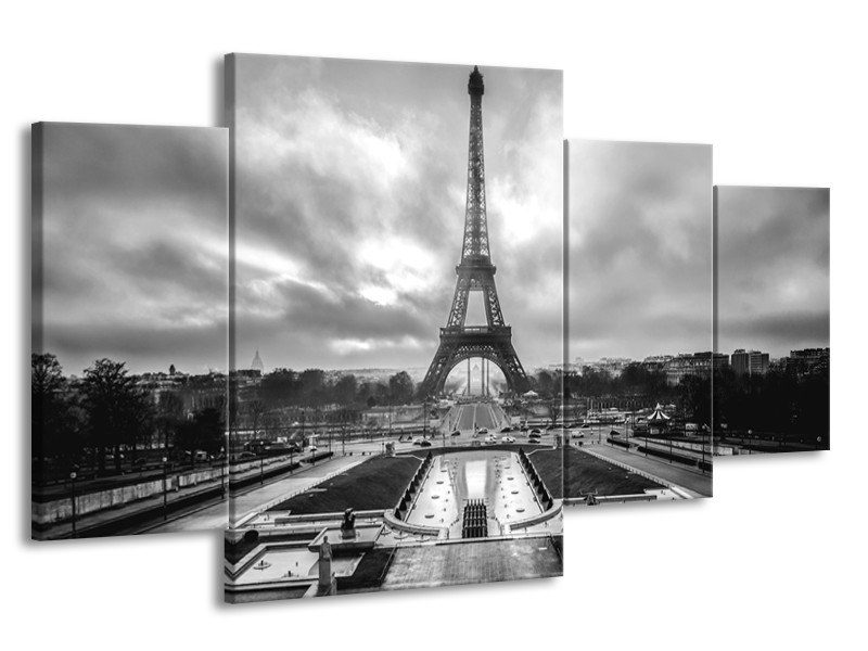 Canvas Schilderij Parijs, Eiffeltoren | Zwart, Wit, Grijs | 160x90cm 4Luik