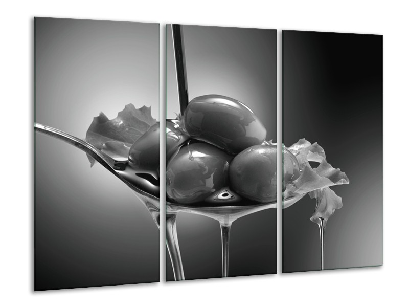 Glasschilderij Olijven, Keuken | Zwart, Grijs | 120x80cm 3Luik