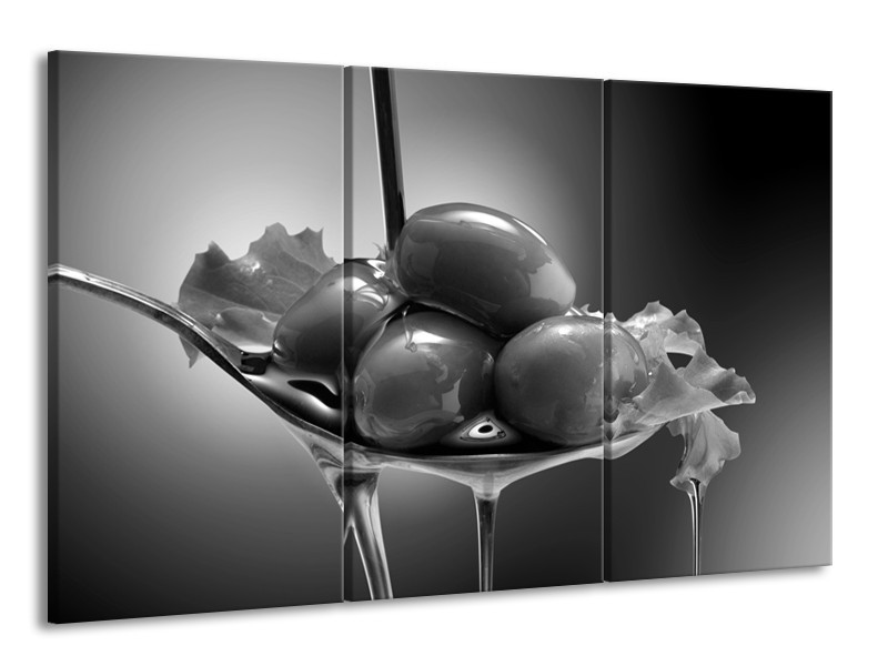 Canvas Schilderij Olijven, Keuken | Zwart, Grijs | 165x100cm 3Luik