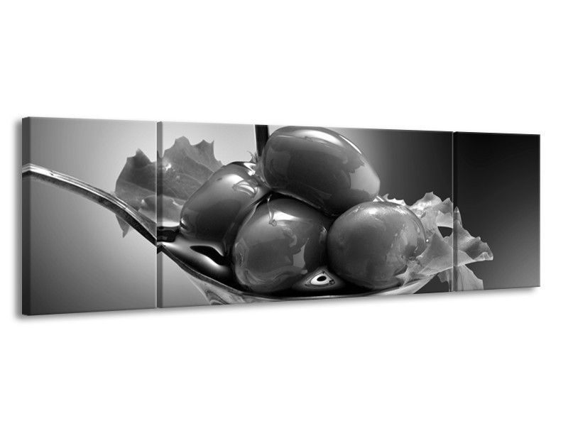 Canvas Schilderij Olijven, Keuken | Zwart, Grijs | 170x50cm 3Luik