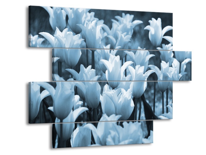 Glasschilderij Tulpen, Bloemen | Blauw, Grijs | 115x85cm 4Luik