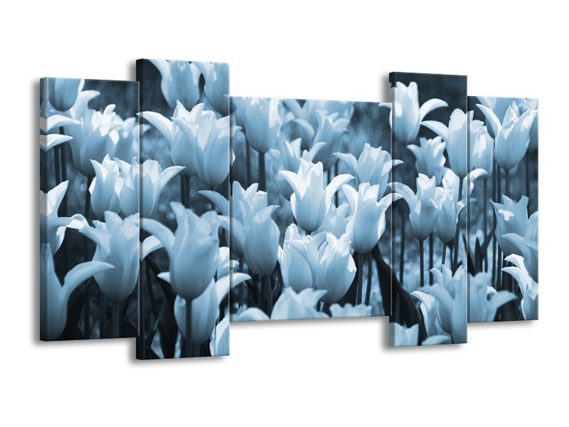 Canvas Schilderij Tulpen, Bloemen | Blauw, Grijs | 120x65cm 5Luik